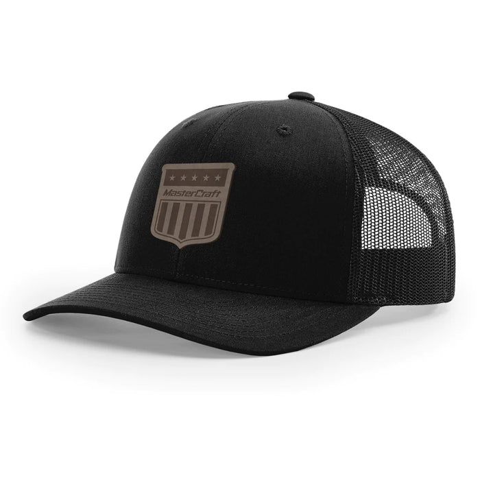 MasterCraft Leather Shield Patch Snapback Trucker Hat Black