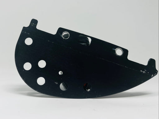 Black metal bracket with multiple holes on a white background