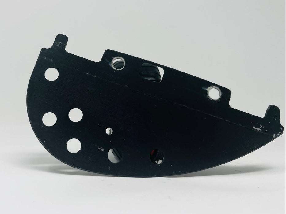 Black metal bracket with multiple holes on a white background