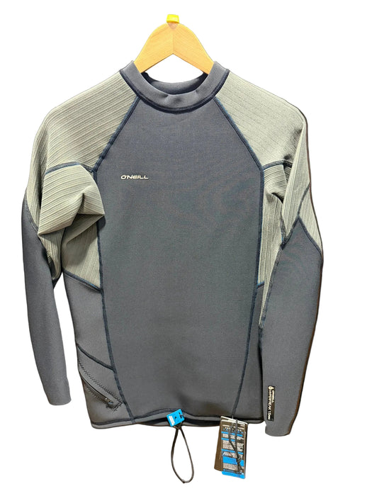 An O'Neill long-sleeve technical top laid flat on a wooden surface, featuring a dark gray center panel and light olive green ribbed sleeves and side panels, with a yellow hanger and retail tags visible.
