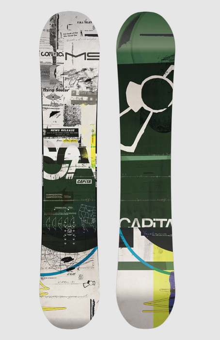 A snowboard shown from both sides against a light gray background. The left side features a complex collage print with black, white, and gray graphics, while the right side features a dark green base with white graphic elements and accents of yellow, blue, and purple near the bottom.