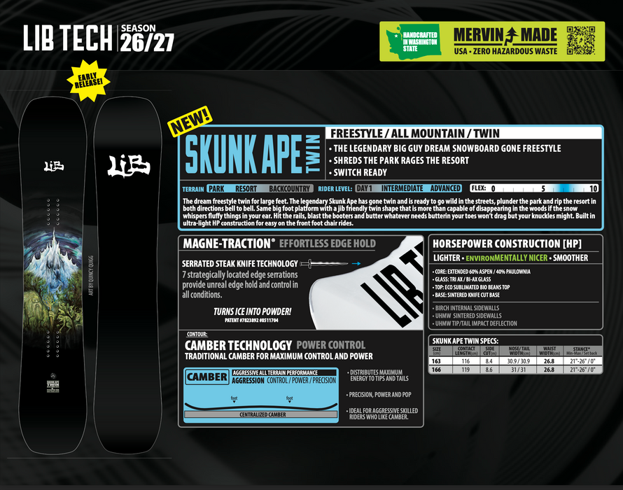 Lib Tech 2027 Skunk Ape Snowboard (161W)